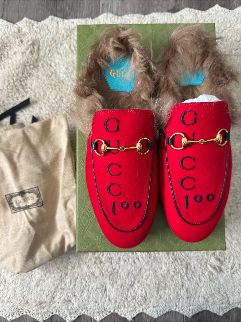 Gucci Red Velvet Fur-Lined Horsebit Mules